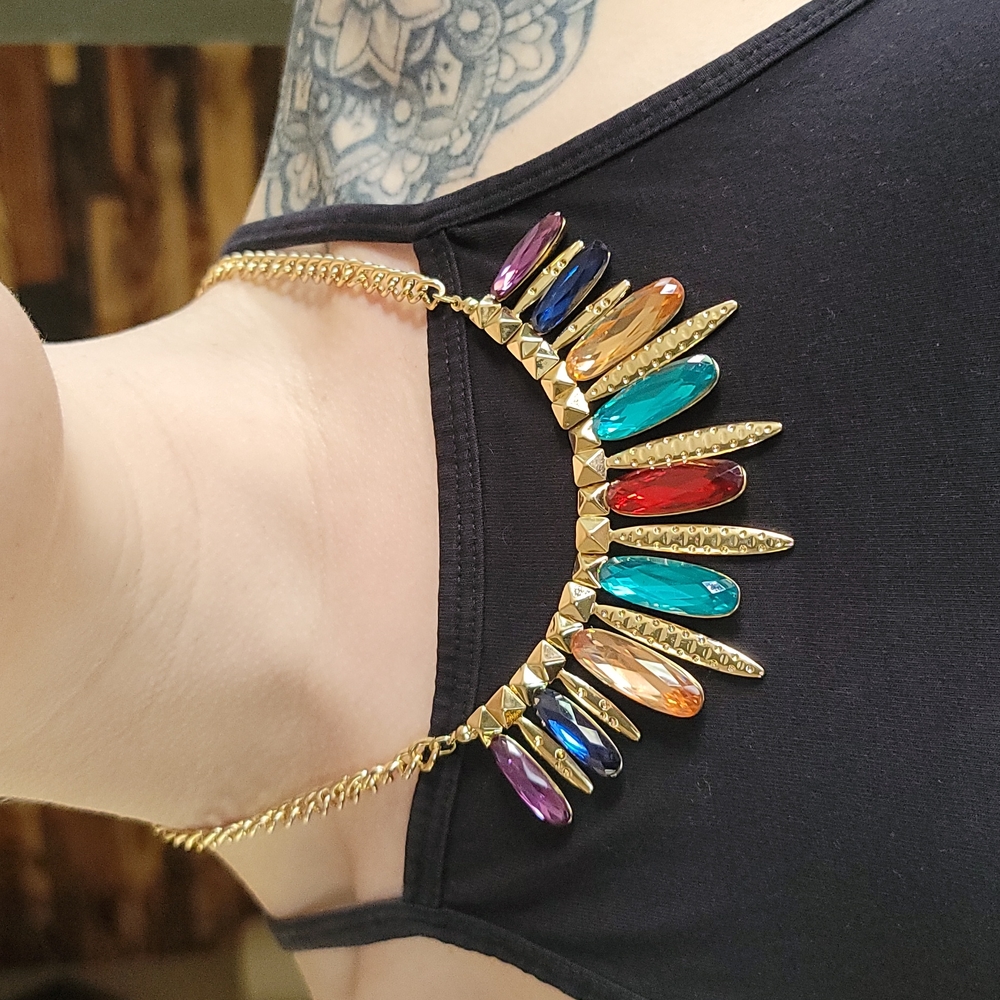 Gold-Toned Vibrant Multicolored Faux Gemstone Necklace - Picture 8 of 8